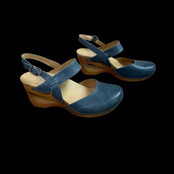 Dansko Taci Mary Jane Clogs Women’s 7 EU 37 Blue Leather Wood Cutout - Picture 6 of 13